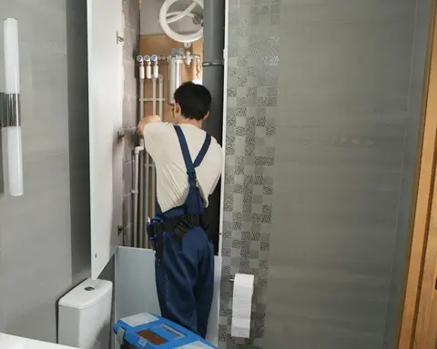 Handwerker arbeitet in einem hellen Badezimmer