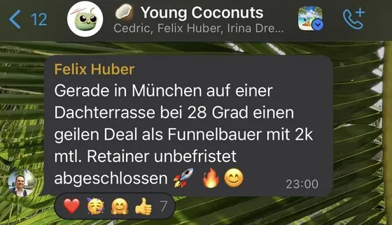 Chat: Felix gewinnt einen Kunden, der monatlich 2.000 Euro zahlt