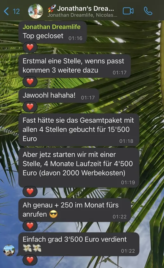 Chat: Jonathan meldet einen Abschluss über 3.500 Euro
