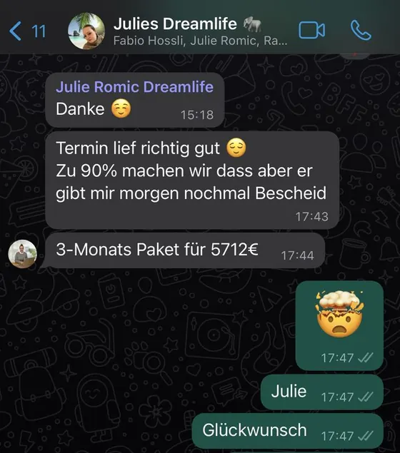 Chat: Julie verkauft ein 3-Monats-Paket für 5.712 Euro