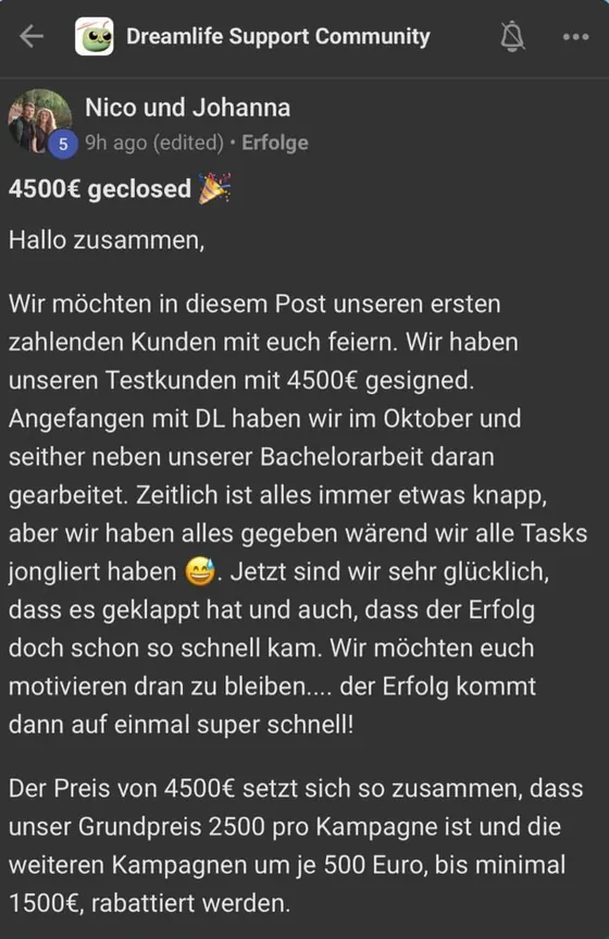 Community-Beitrag: Nico und Johanna feiern ihren ersten Kunden mit 4.500 Euro