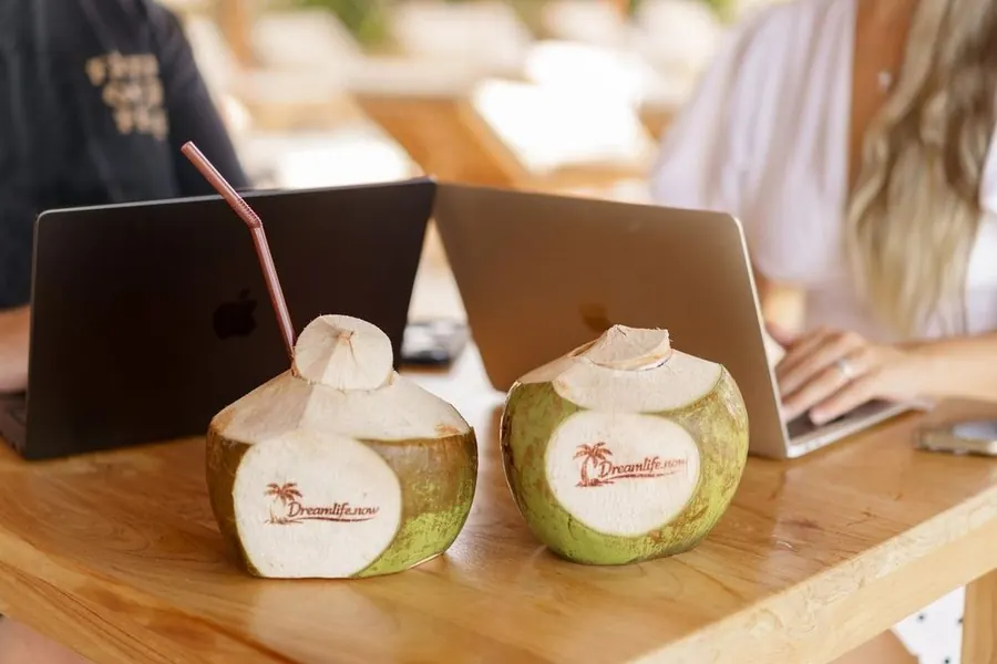 Zwei Laptops und frische Kokosnüsse auf einem Tisch